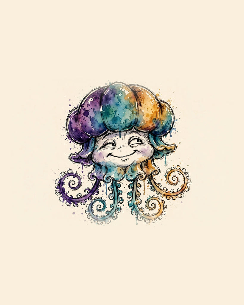 Wordless smug Jellyfish watercolor art print — the artwork alone on a warm cream background, no text