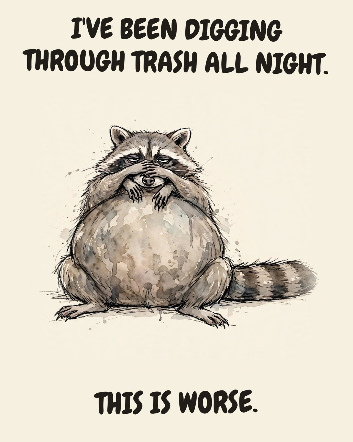 Raccoon watercolor art print with the saying "I'VE BEEN DIGGING THROUGH TRASH ALL NIGHT. THIS IS WORSE."