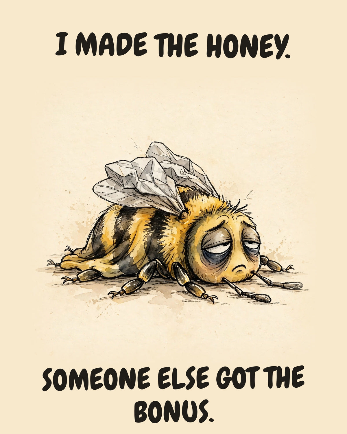Bee watercolor art print with the saying "I MADE THE HONEY. SOMEONE ELSE GOT THE BONUS."