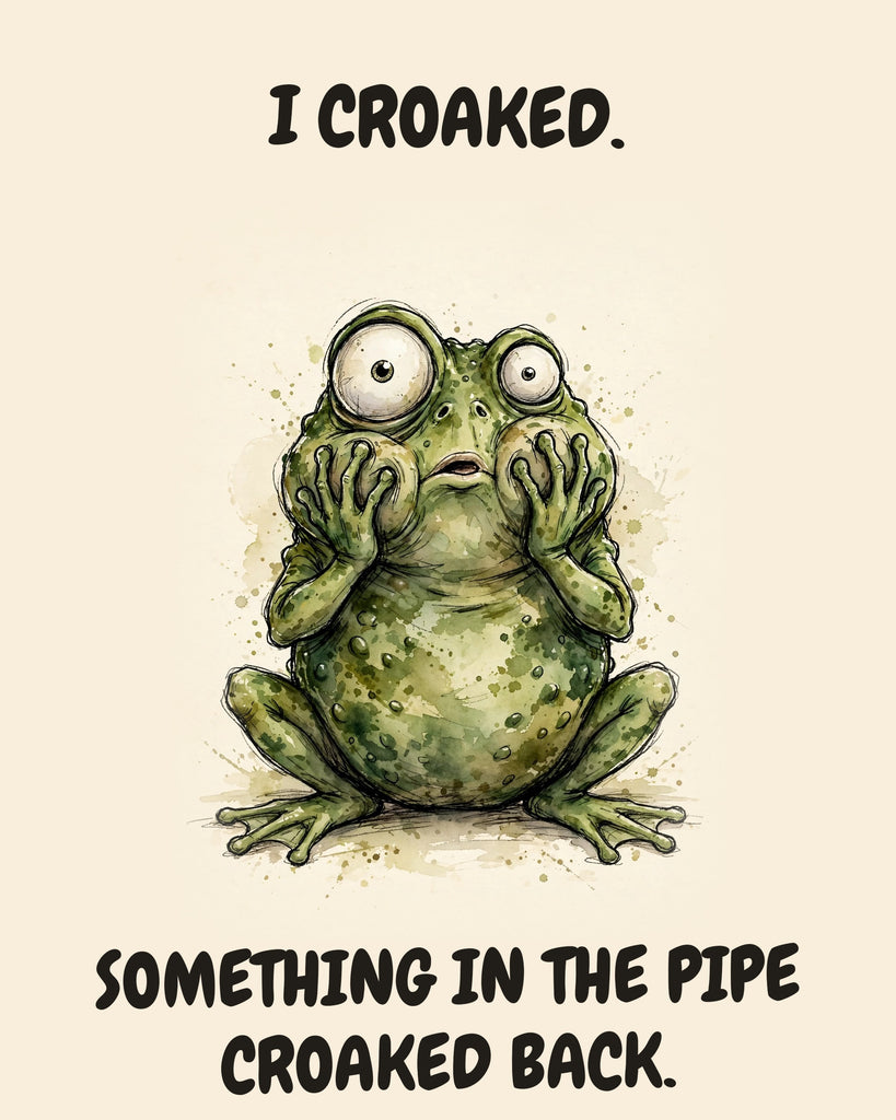 Frog watercolor art print with the saying "I CROAKED. SOMETHING IN THE PIPE CROAKED BACK."
