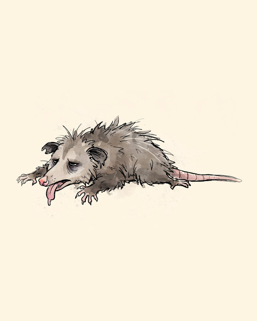 Wordless exhausted Possum watercolor art print — the artwork alone on a warm cream background, no text