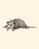 Wordless exhausted Possum watercolor art print — the artwork alone on a warm cream background, no text