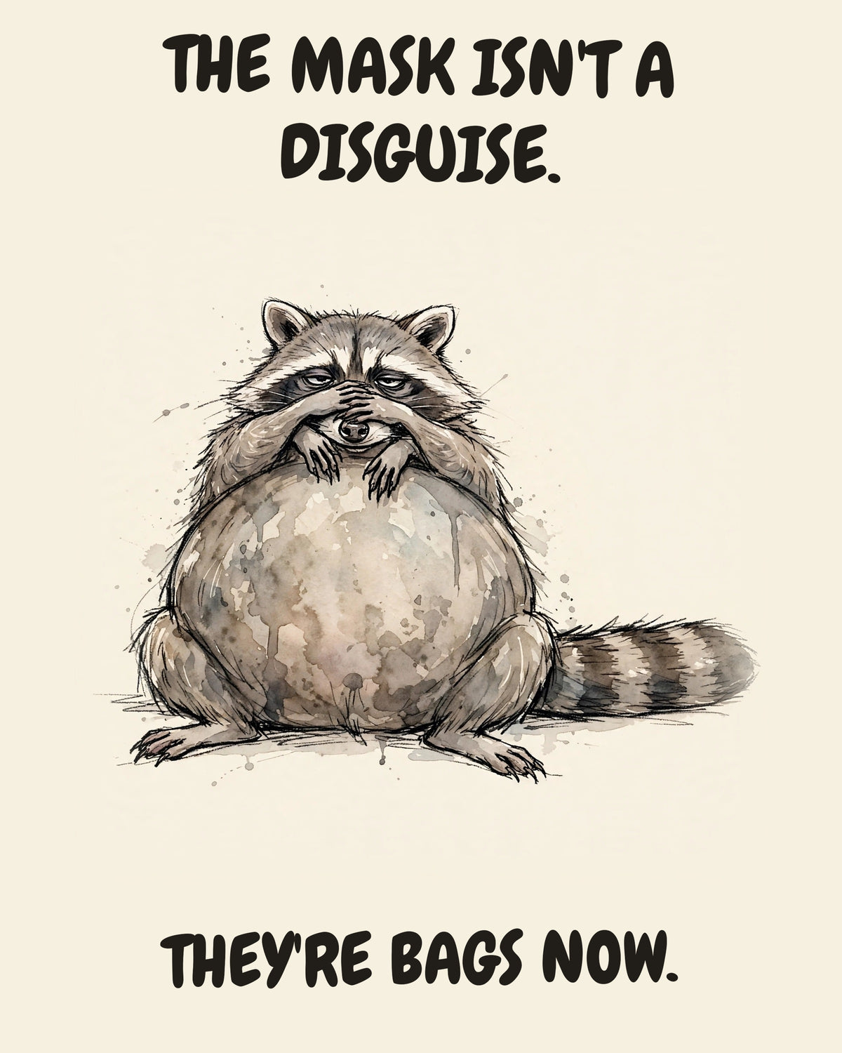 Raccoon watercolor art print with the saying "THE MASK ISN'T A DISGUISE. THEY'RE BAGS NOW."