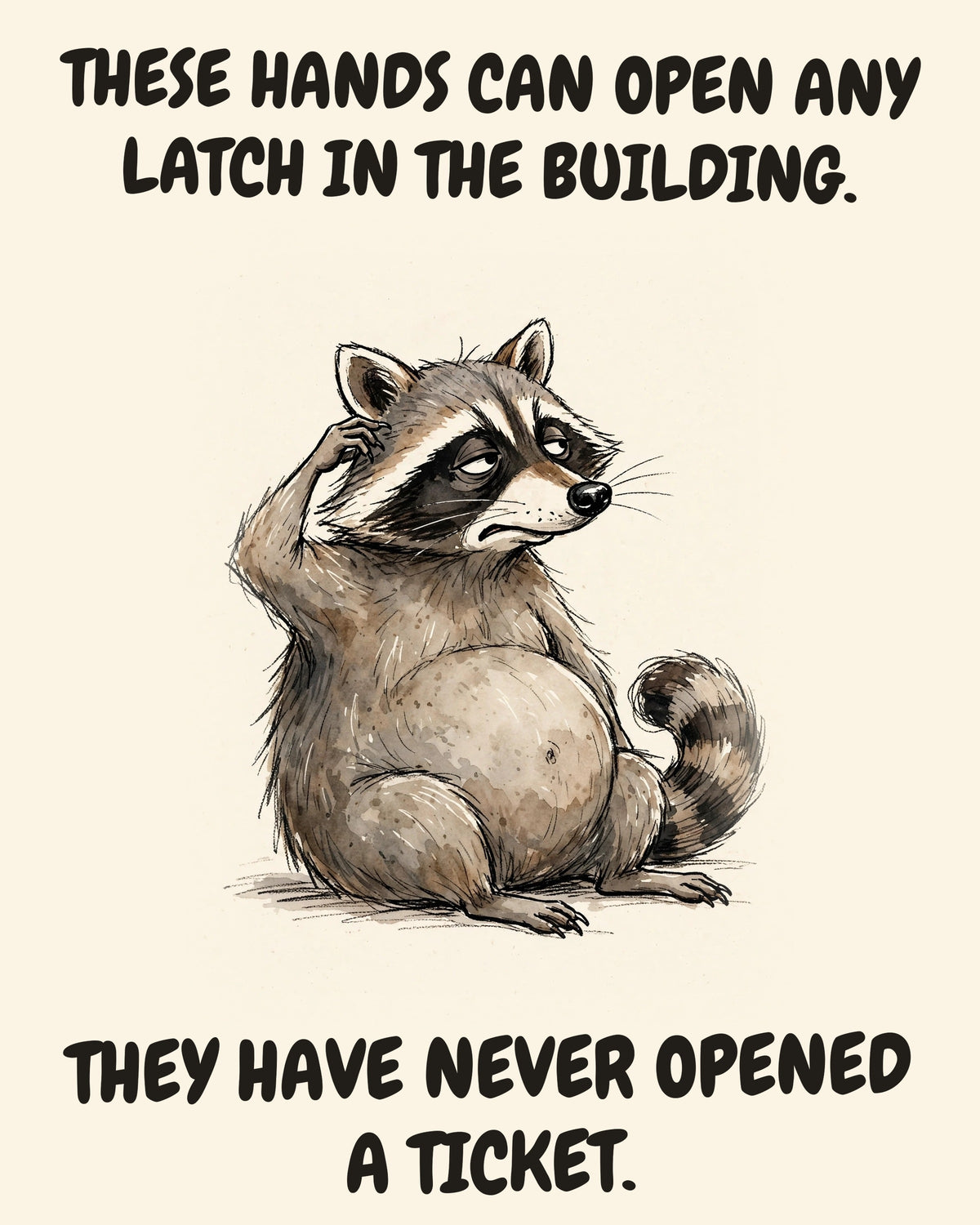 Unbothered Raccoon office art print in watercolor style, an unbothered raccoon in a moment of perfect workplace serenity, captioned “THESE HANDS CAN OPEN ANY LATCH IN THE BUILDING. THEY HAVE NEVER OPENED A TICKET.”