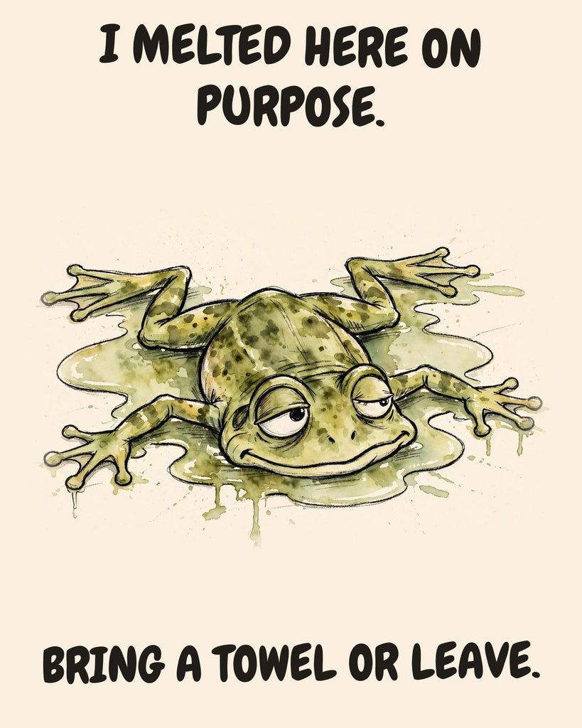 Frog watercolor art print with the saying "I MELTED HERE ON PURPOSE. BRING A TOWEL OR LEAVE."