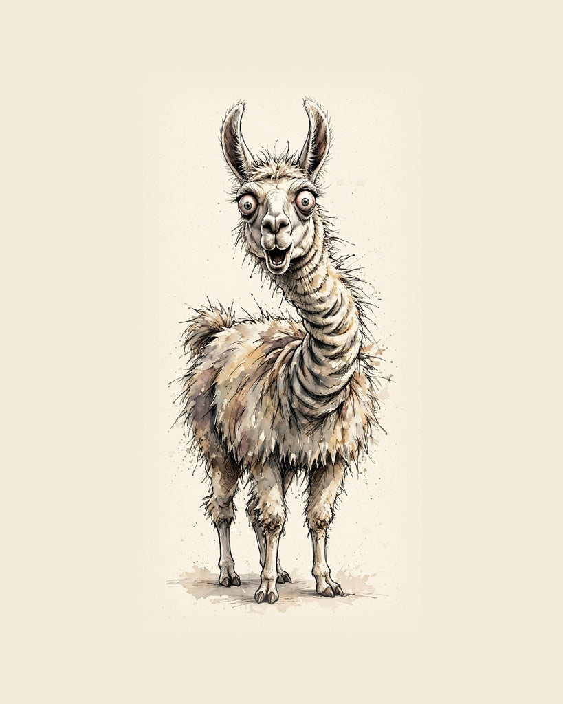 Wordless horrified Llama watercolor art print — the artwork alone on a warm cream background, no text