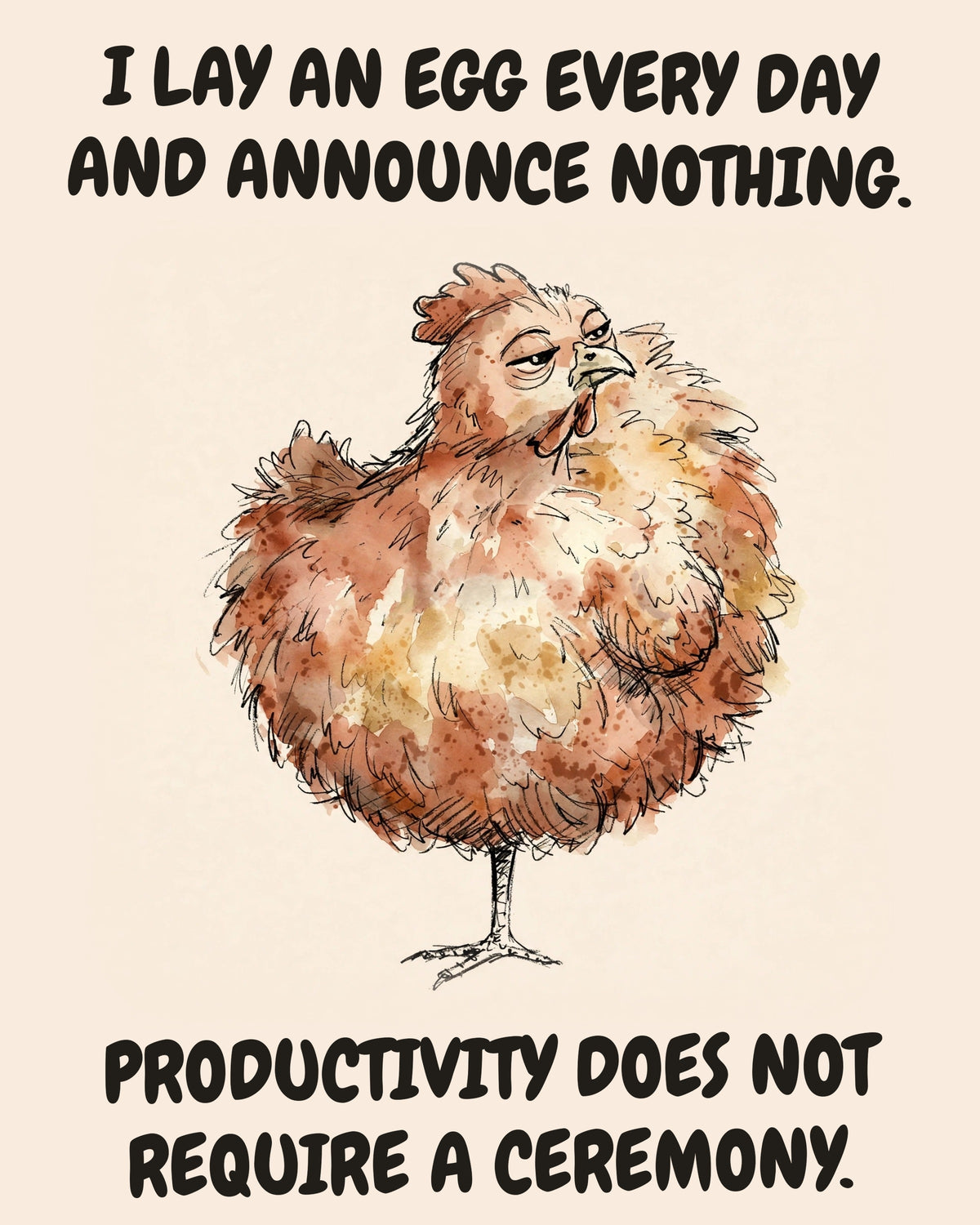Unbothered Chicken office art print in watercolor style, an unbothered chicken in a moment of perfect workplace serenity, captioned “I LAY AN EGG EVERY DAY AND ANNOUNCE NOTHING. PRODUCTIVITY DOES NOT REQUIRE A CEREMONY.”