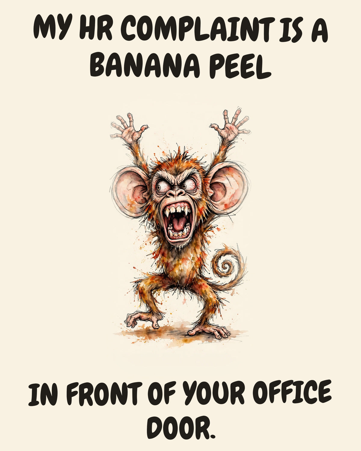 Monkey watercolor art print with the saying "MY HR COMPLAINT IS A BANANA PEEL IN FRONT OF YOUR OFFICE DOOR."