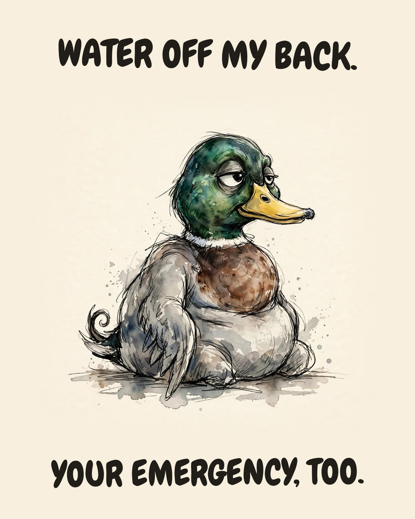 Mallard watercolor art print with the saying "WATER OFF MY BACK. YOUR EMERGENCY, TOO."