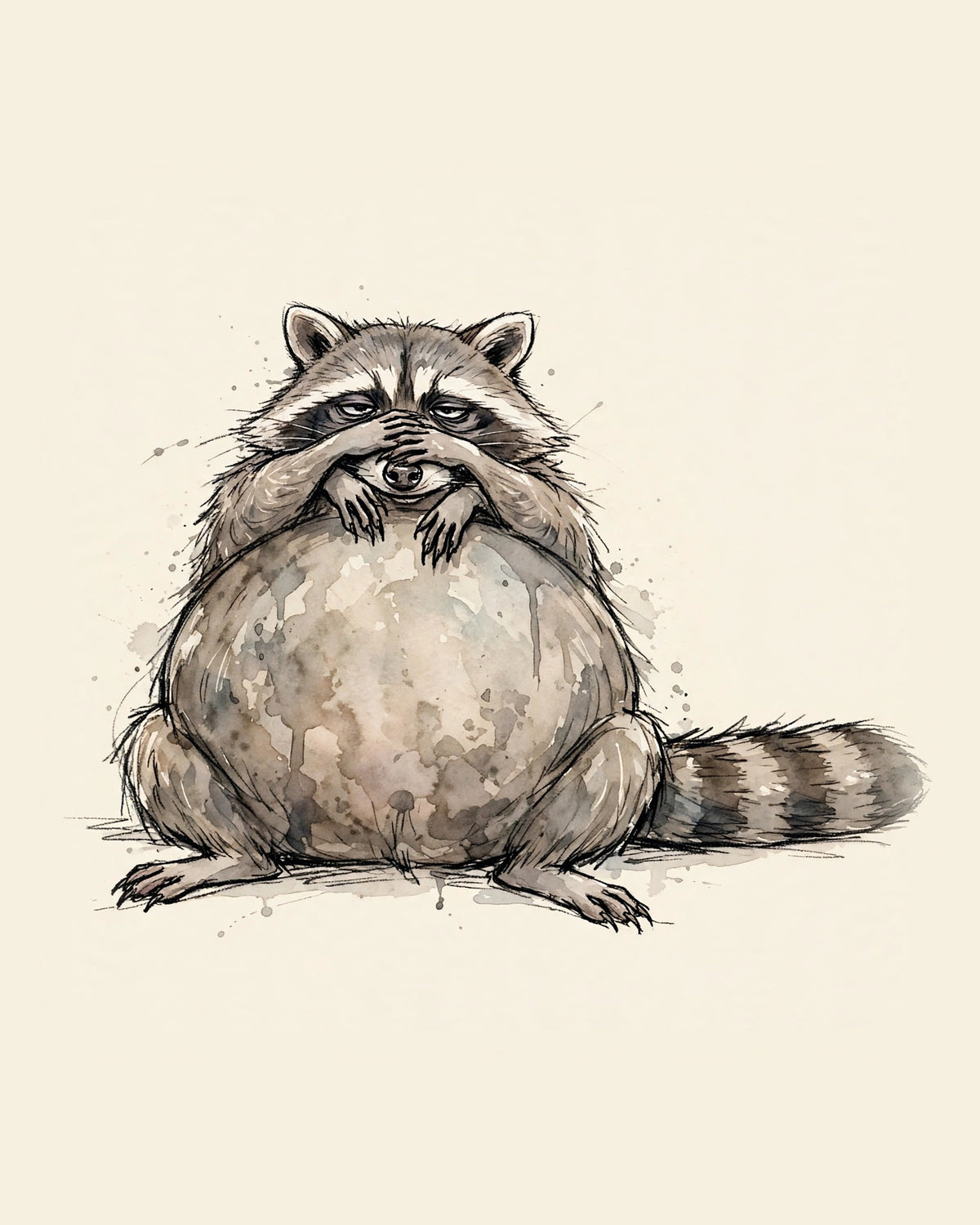 Wordless exhausted Raccoon watercolor art print — the artwork alone on a warm cream background, no text