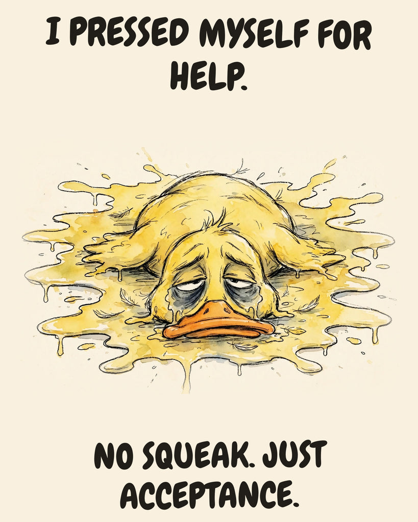 Yellow Duck watercolor art print with the saying "I PRESSED MYSELF FOR HELP. NO SQUEAK. JUST ACCEPTANCE."