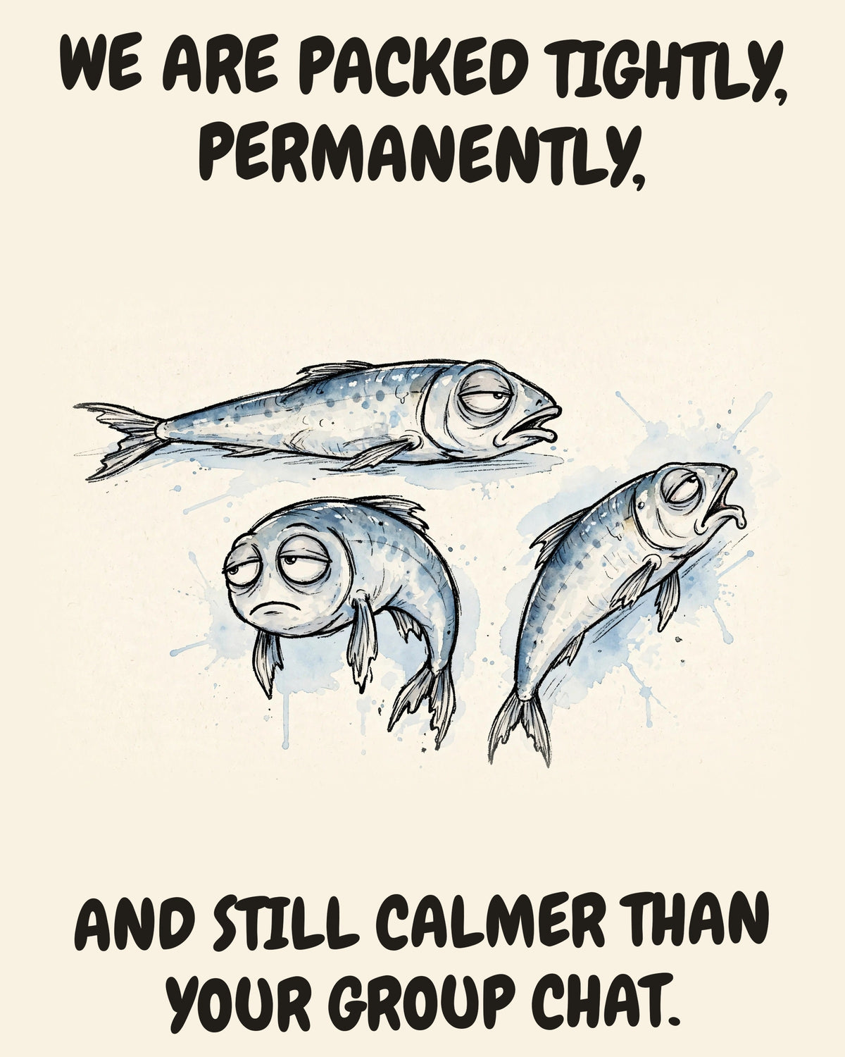 Unbothered Sardines office art print in watercolor style, an unbothered sardines in a moment of perfect workplace serenity, captioned “WE ARE PACKED TIGHTLY, PERMANENTLY, AND STILL CALMER THAN YOUR GROUP CHAT.”