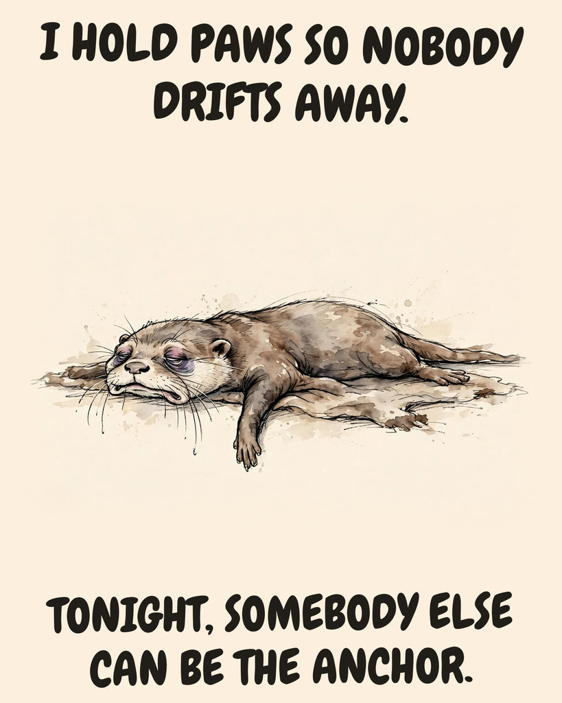 Otter watercolor art print with the saying "I HOLD PAWS SO NOBODY DRIFTS AWAY. TONIGHT, SOMEBODY ELSE CAN BE THE ANCHOR."