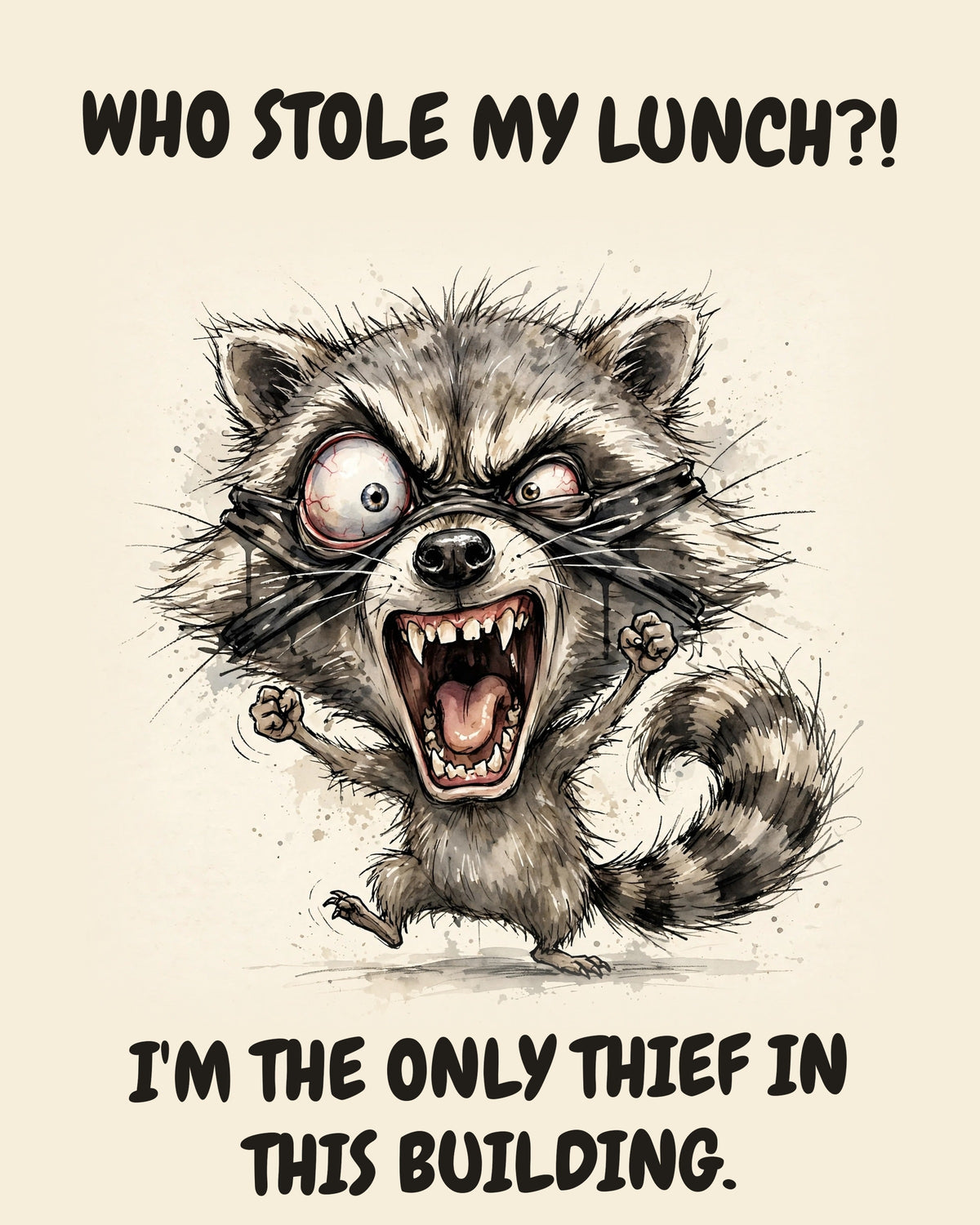 Raccoon watercolor art print with the saying "WHO STOLE MY LUNCH?! I'M THE ONLY THIEF IN THIS BUILDING."