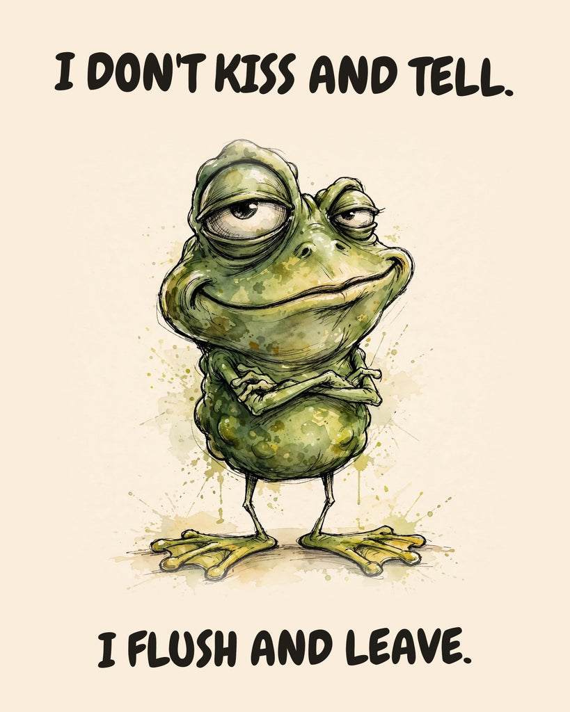 Frog watercolor art print with the saying "I DON'T KISS AND TELL. I FLUSH AND LEAVE."
