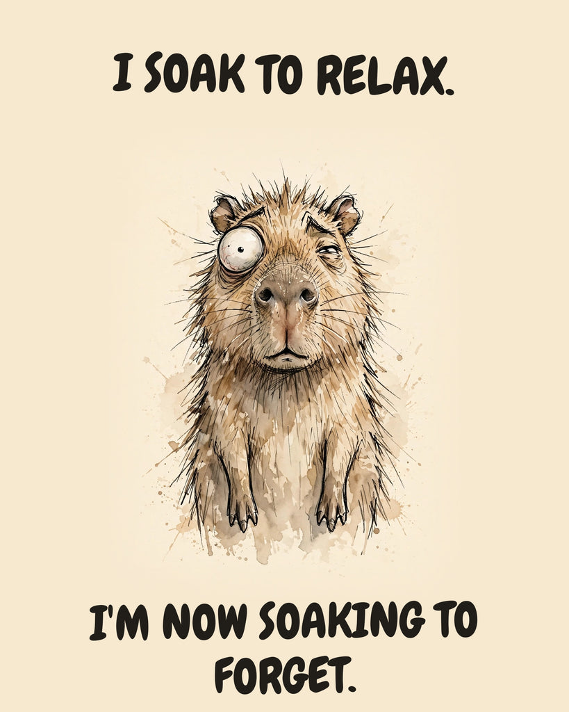 Capybara watercolor art print with the saying "I SOAK TO RELAX. I'M NOW SOAKING TO FORGET."