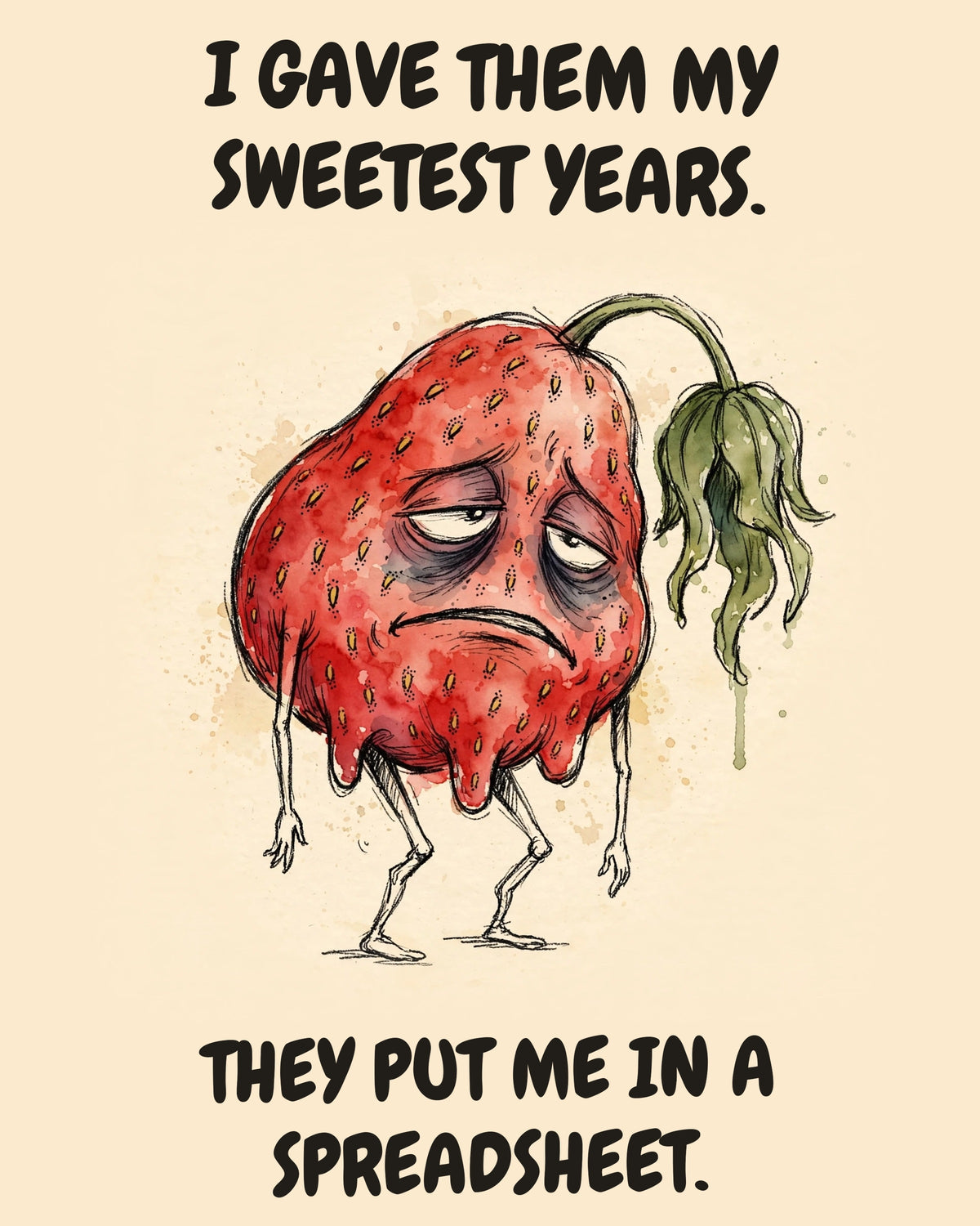 Strawberry watercolor art print with the saying "I GAVE THEM MY SWEETEST YEARS. THEY PUT ME IN A SPREADSHEET."