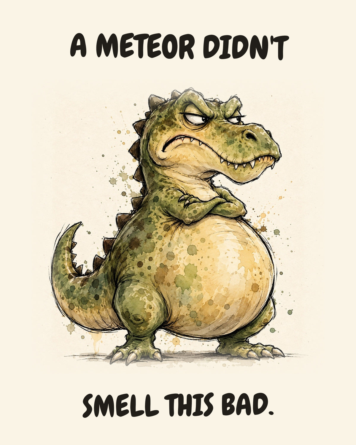 Green Dinosaur watercolor art print with the saying "A METEOR DIDN'T SMELL THIS BAD."