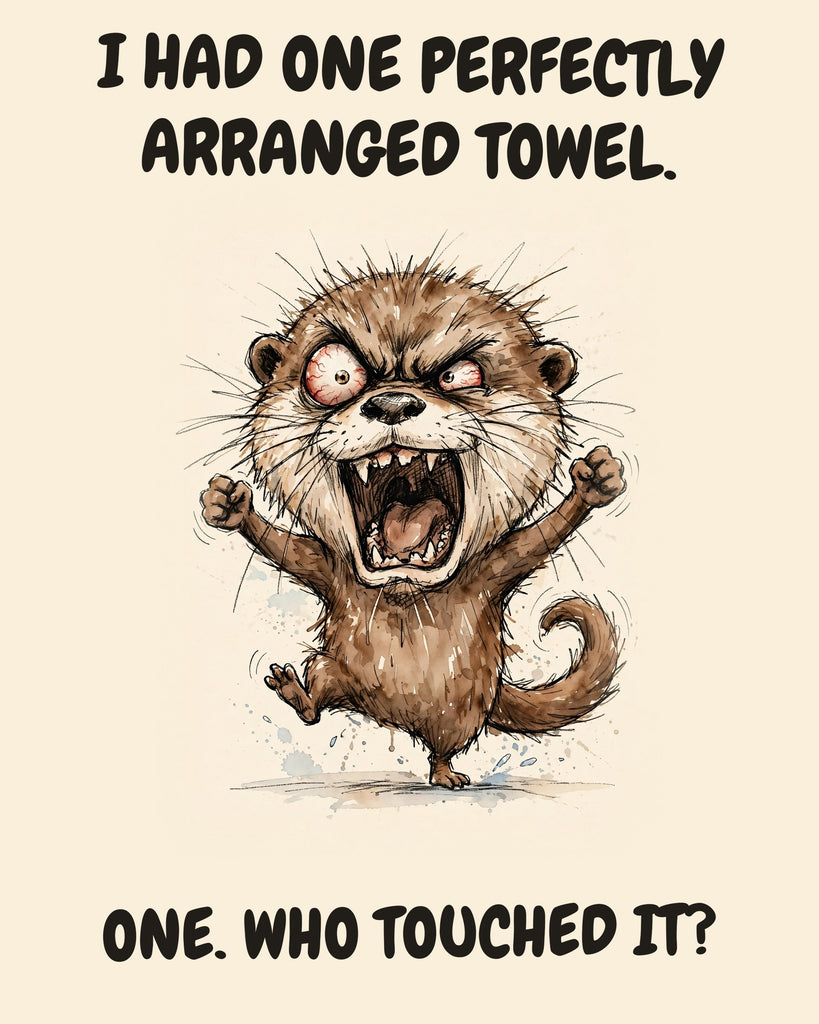 Otter watercolor art print with the saying "I HAD ONE PERFECTLY ARRANGED TOWEL. ONE. WHO TOUCHED IT?"