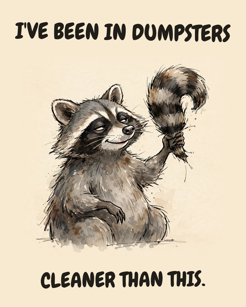 Raccoon watercolor art print with the saying "I'VE BEEN IN DUMPSTERS CLEANER THAN THIS."