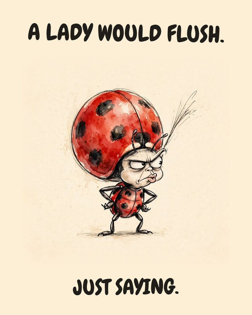 Ladybug watercolor art print with the saying "A LADY WOULD FLUSH. JUST SAYING."