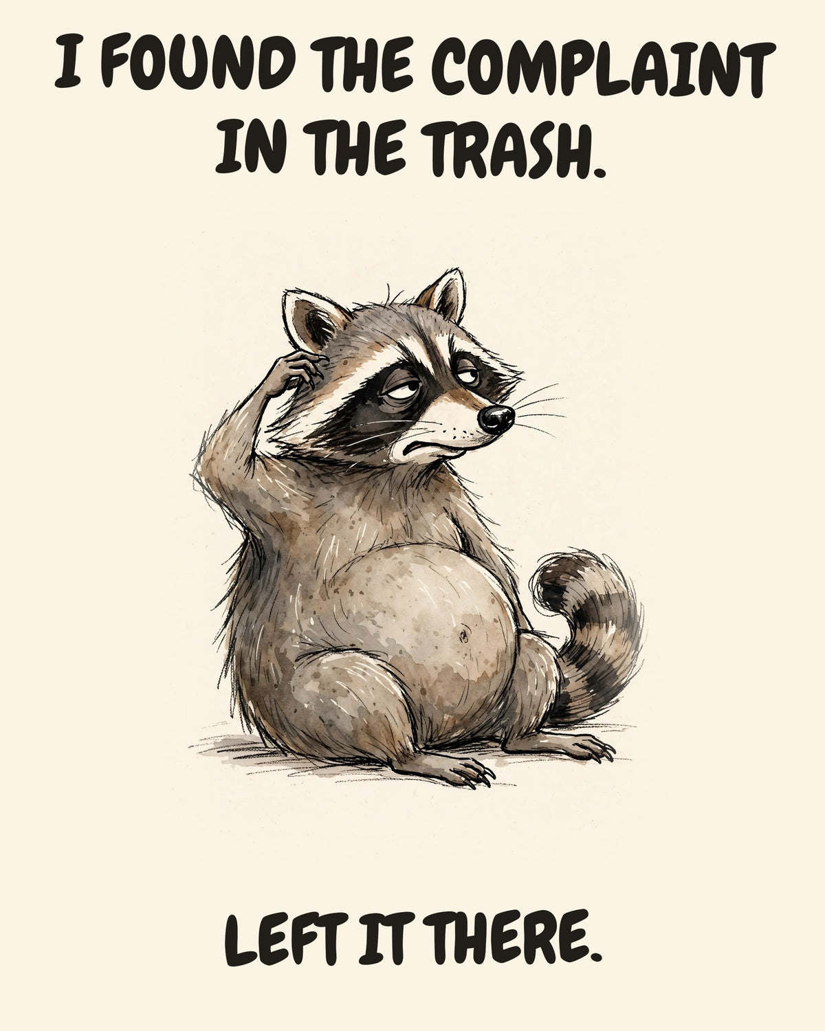 Unbothered Raccoon office art print in watercolor style, an unbothered raccoon in a moment of perfect workplace serenity, captioned “I FOUND THE COMPLAINT IN THE TRASH. LEFT IT THERE.”