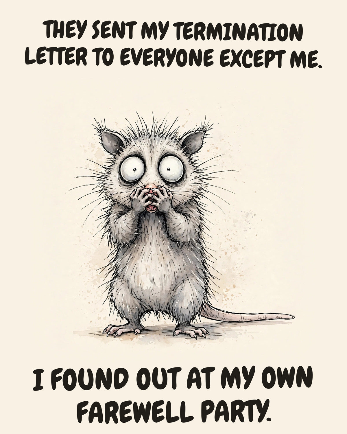 Possum watercolor art print with the saying "THEY SENT MY TERMINATION LETTER TO EVERYONE EXCEPT ME. I FOUND OUT AT MY OWN FAREWELL PARTY."