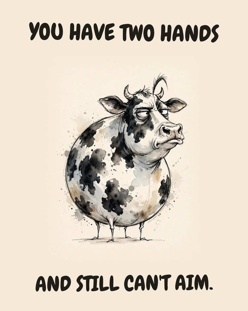 Cow watercolor art print with the saying "YOU HAVE TWO HANDS AND STILL CAN'T AIM."