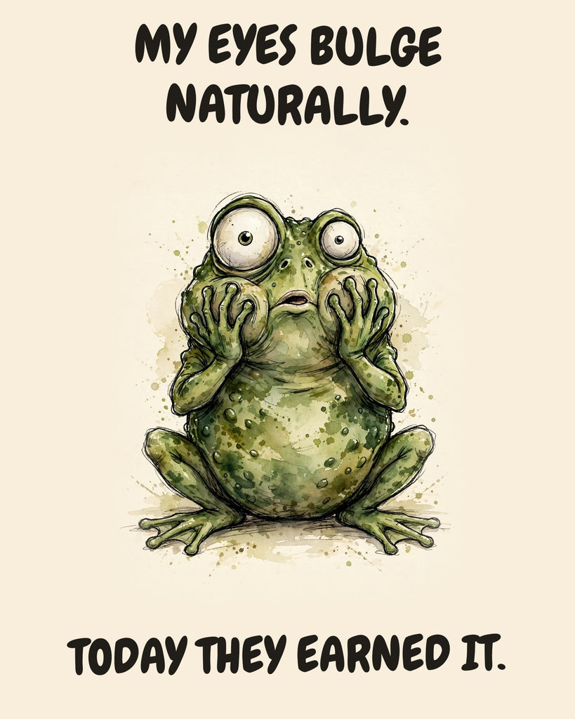Frog watercolor art print with the saying "MY EYES BULGE NATURALLY. TODAY THEY EARNED IT."