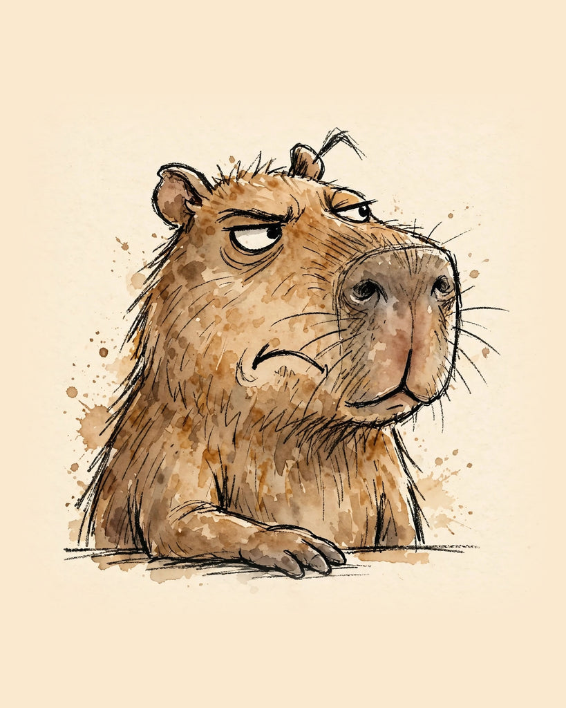 Wordless judgmental Capybara watercolor art print — the artwork alone on a warm cream background, no text