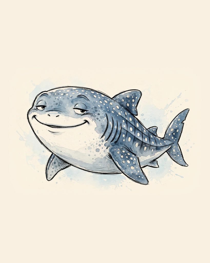 Wordless smug Whale Shark watercolor art print — the artwork alone on a warm cream background, no text