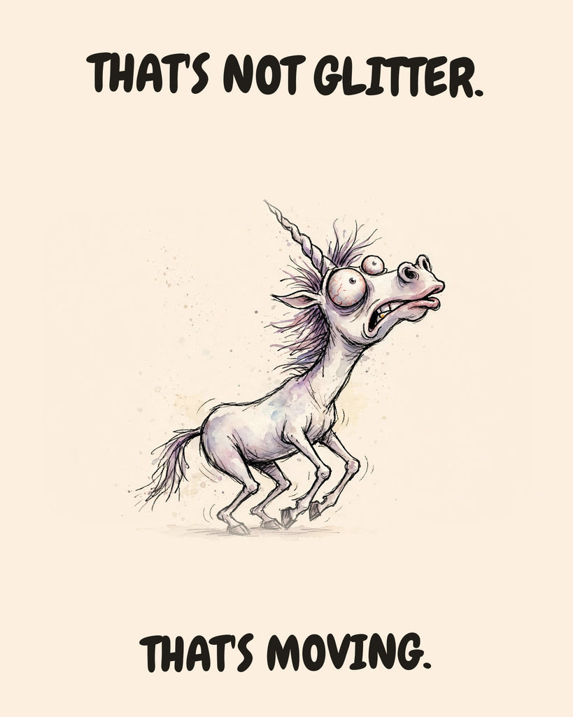 Unicorn watercolor art print with the saying "THAT'S NOT GLITTER. THAT'S MOVING."
