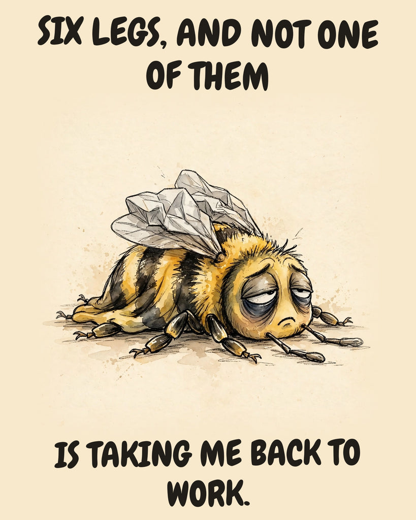 Bee watercolor art print with the saying "SIX LEGS, AND NOT ONE OF THEM IS TAKING ME BACK TO WORK."