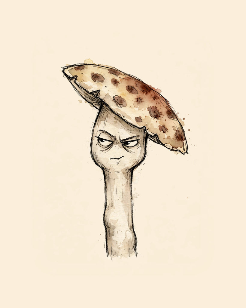 Wordless judgmental Mushroom watercolor art print — the artwork alone on a warm cream background, no text