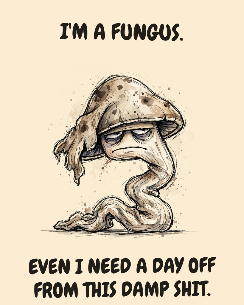 Mushroom watercolor art print with the saying "I'M A FUNGUS. EVEN I NEED A DAY OFF FROM THIS DAMP SHIT."