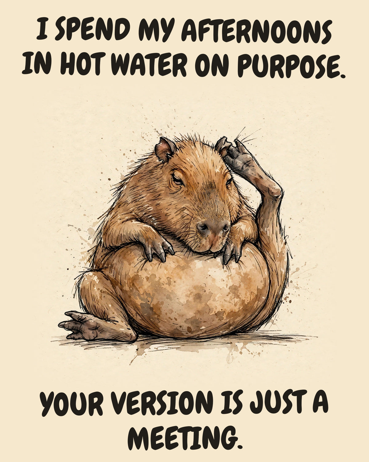 Unbothered Capybara office art print in watercolor style, an unbothered capybara in a moment of perfect workplace serenity, captioned “I SPEND MY AFTERNOONS IN HOT WATER ON PURPOSE. YOUR VERSION IS JUST A MEETING.”