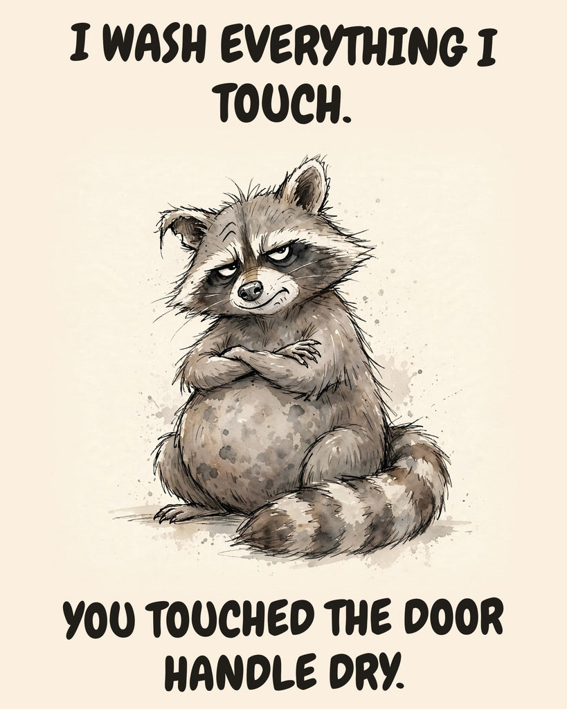Raccoon watercolor art print with the saying "I WASH EVERYTHING I TOUCH. YOU TOUCHED THE DOOR HANDLE DRY."