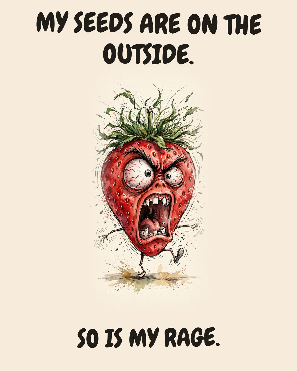 Strawberry watercolor art print with the saying "MY SEEDS ARE ON THE OUTSIDE. SO IS MY RAGE."