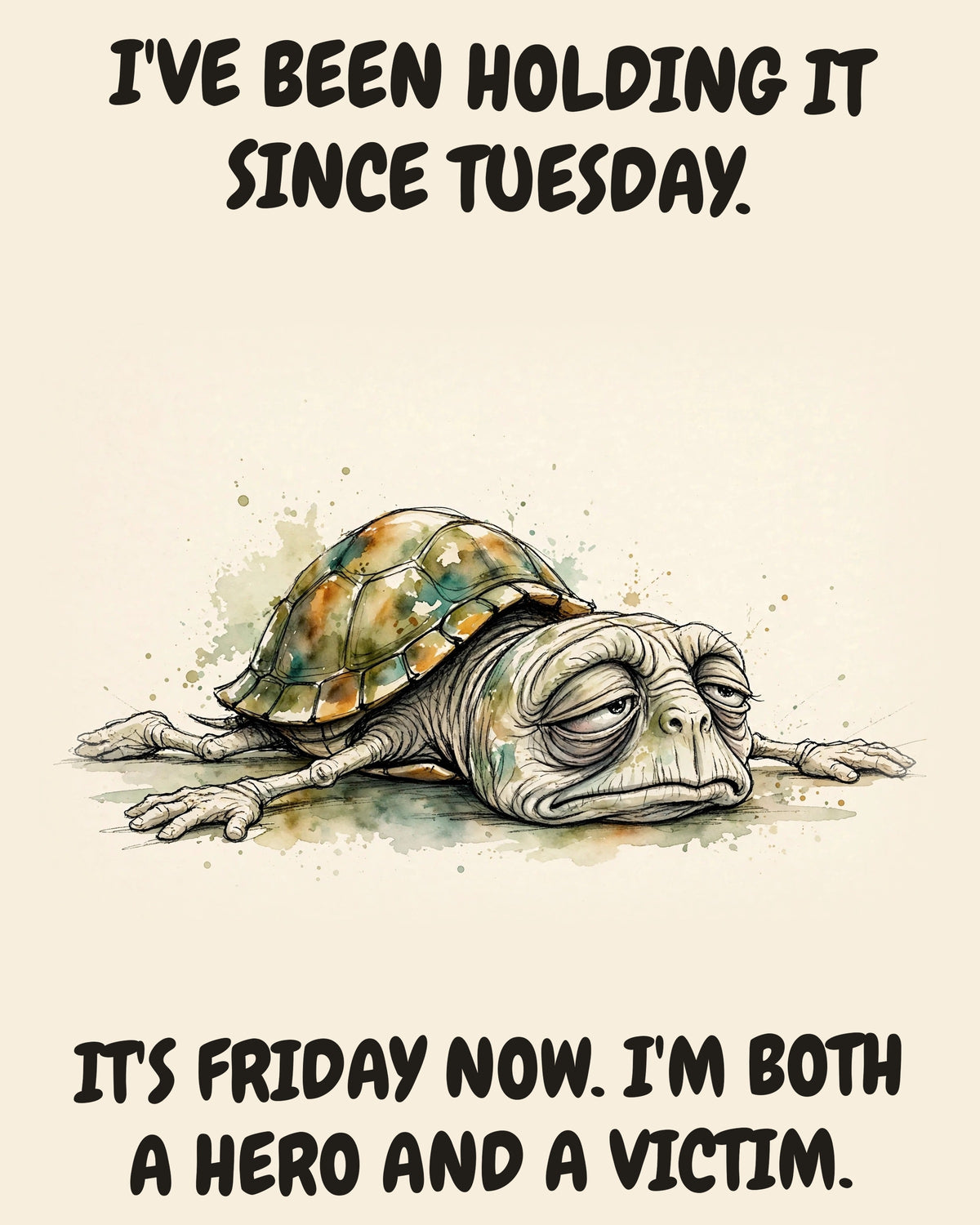 Turtle watercolor art print with the saying "I'VE BEEN HOLDING IT SINCE TUESDAY. IT'S FRIDAY NOW. I'M BOTH A HERO AND A VICTIM."