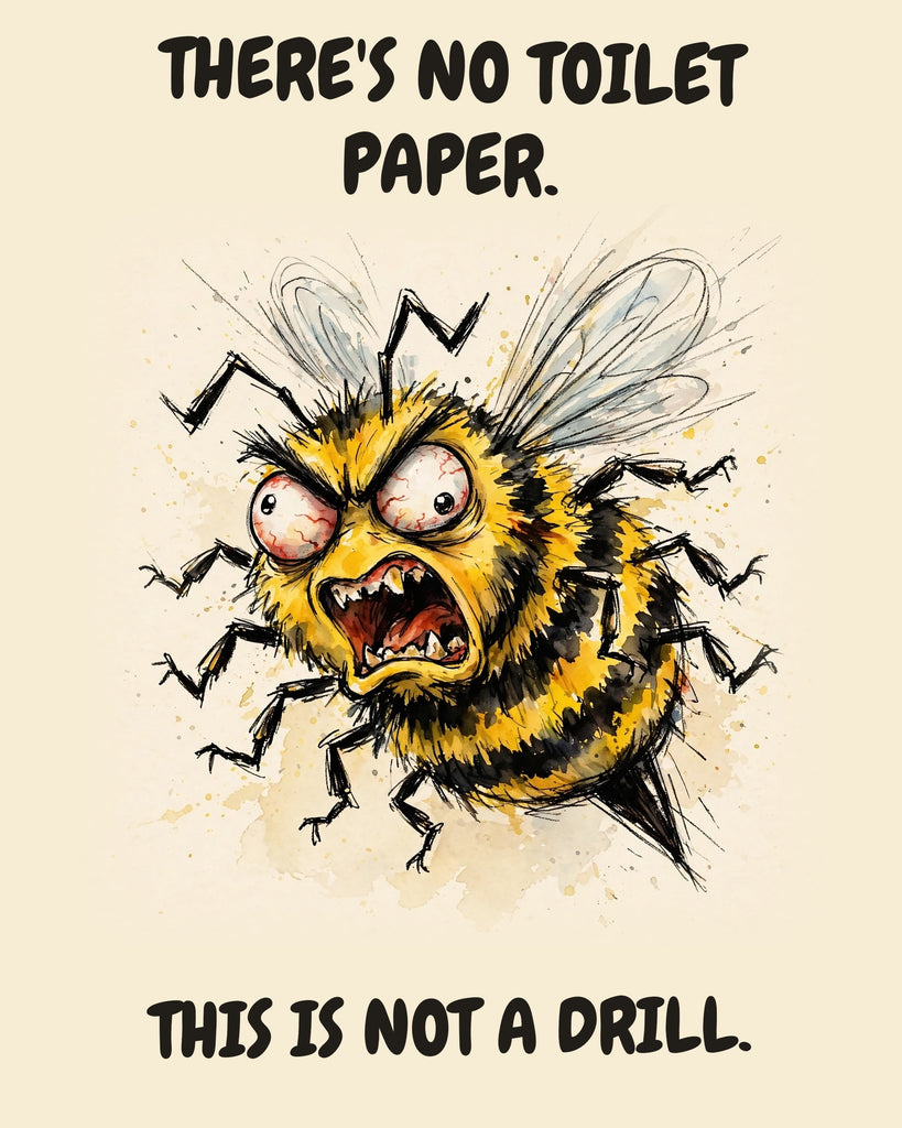 Bee watercolor art print with the saying "THERE'S NO TOILET PAPER. THIS IS NOT A DRILL."