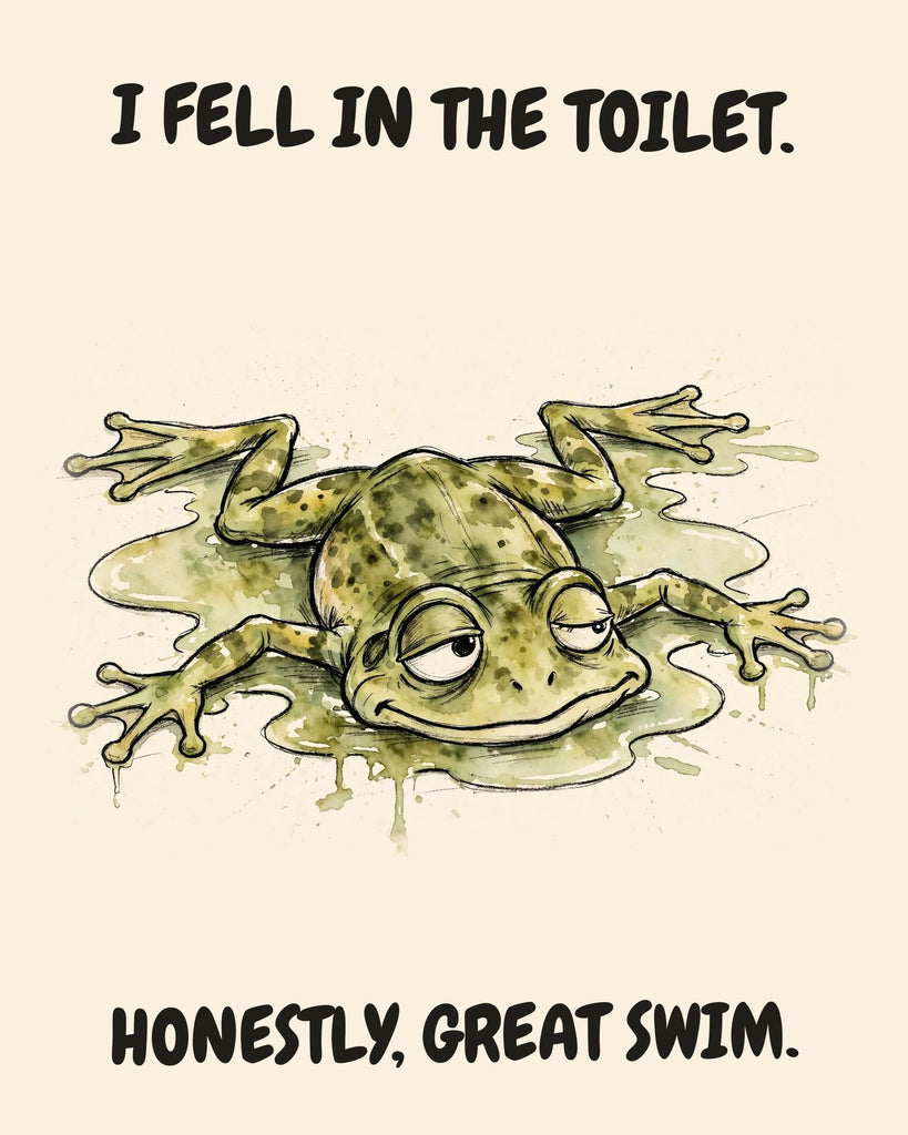Frog watercolor art print with the saying "I FELL IN THE TOILET. HONESTLY, GREAT SWIM."