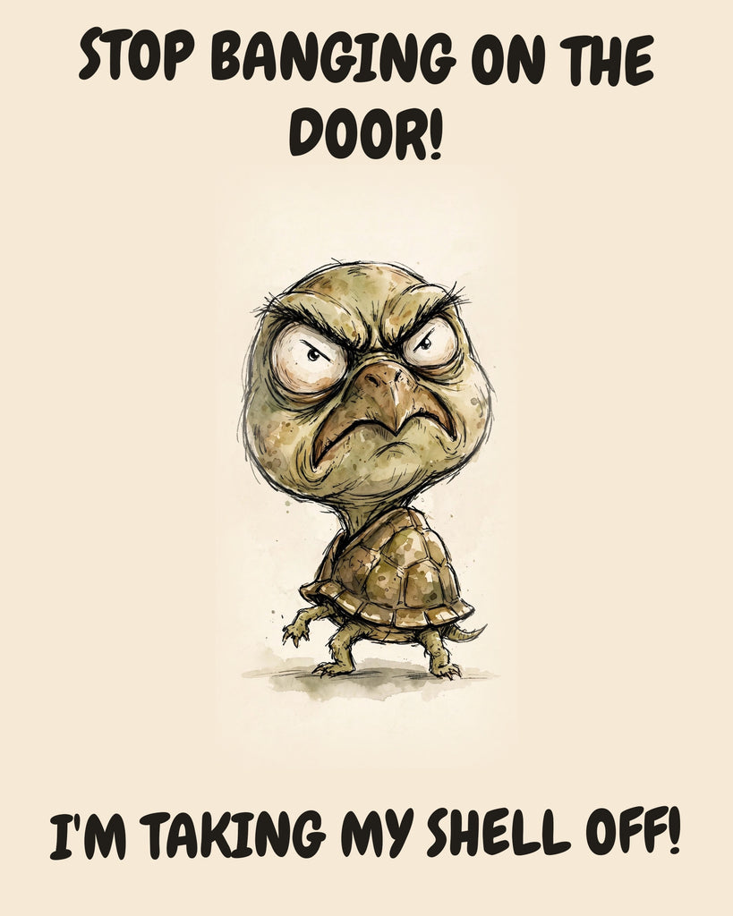 Turtle watercolor art print with the saying "STOP BANGING ON THE DOOR! I'M TAKING MY SHELL OFF!"