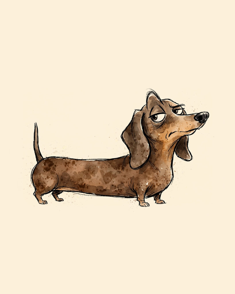 Wordless judgmental Dachshund watercolor art print — the artwork alone on a warm cream background, no text