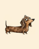 Wordless judgmental Dachshund watercolor art print — the artwork alone on a warm cream background, no text
