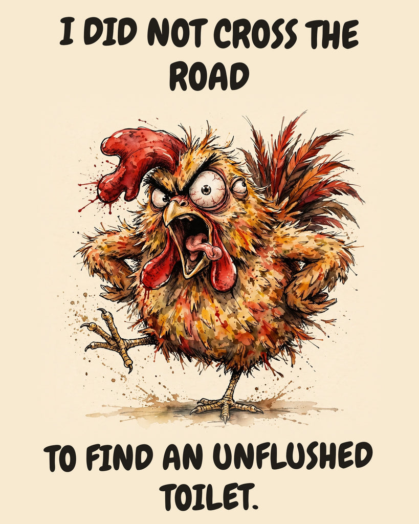 Chicken watercolor art print with the saying "I DID NOT CROSS THE ROAD TO FIND AN UNFLUSHED TOILET."