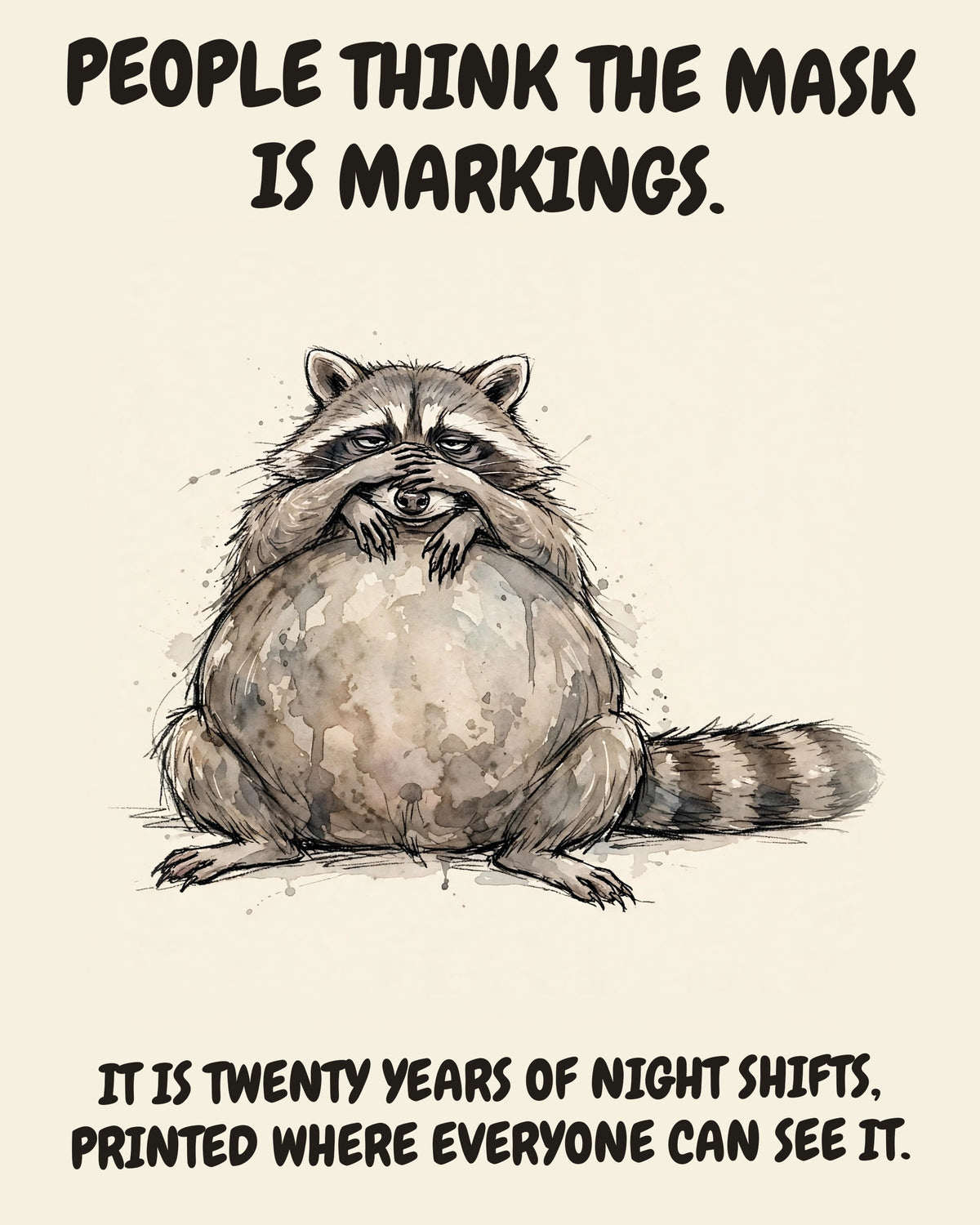 Raccoon watercolor art print with the saying "PEOPLE THINK THE MASK IS MARKINGS. IT IS TWENTY YEARS OF NIGHT SHIFTS, PRINTED WHERE EVERYONE CAN SEE IT."