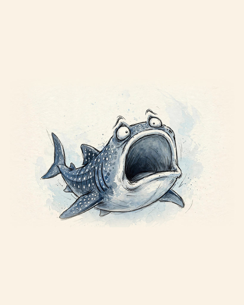 Wordless horrified Whale Shark watercolor art print — the artwork alone on a warm cream background, no text