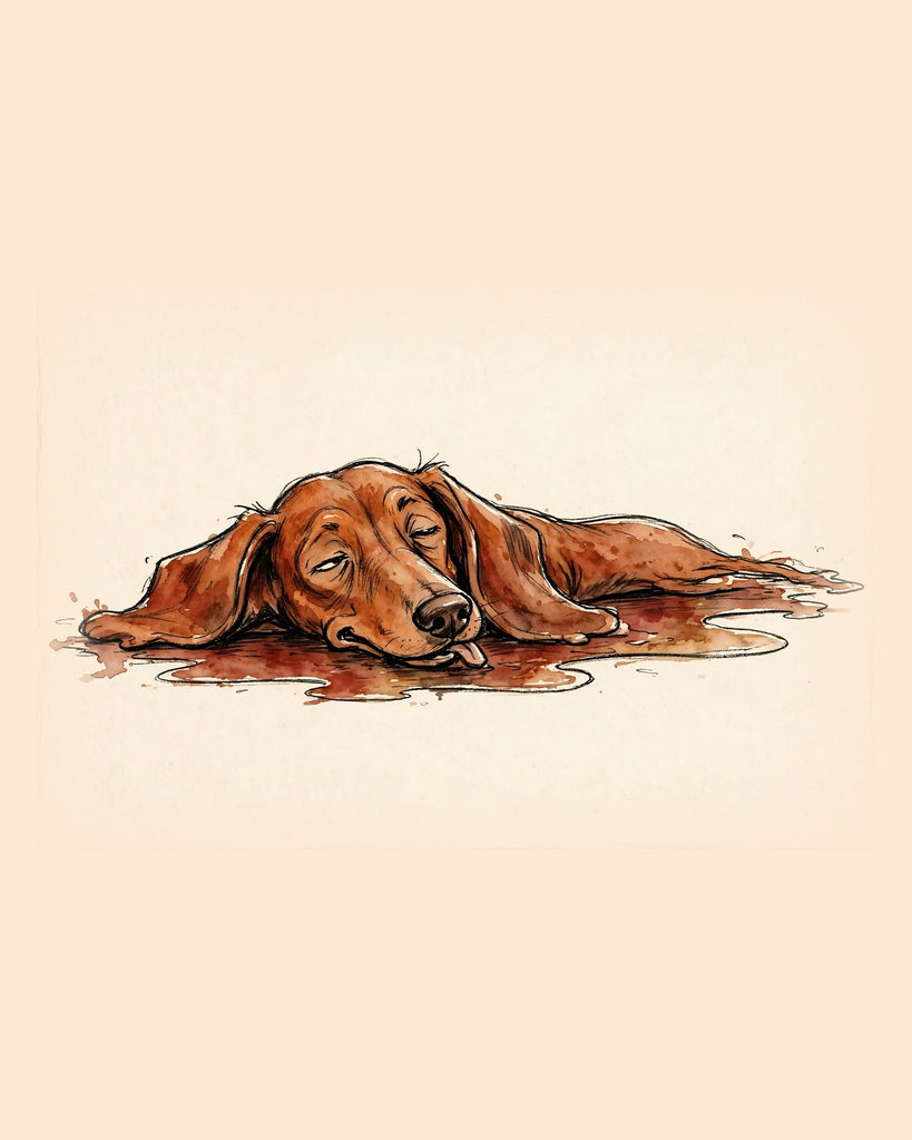 Wordless exhausted Dachshund watercolor art print — the artwork alone on a warm cream background, no text