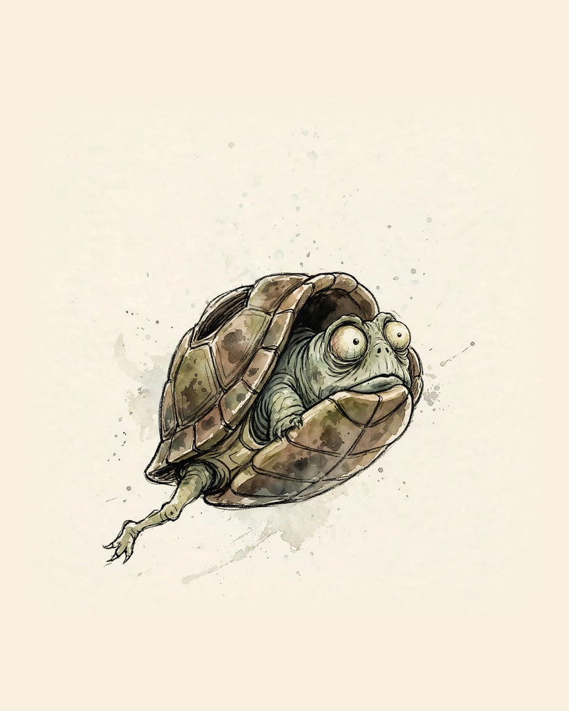 Wordless horrified Turtle watercolor art print — the artwork alone on a warm cream background, no text