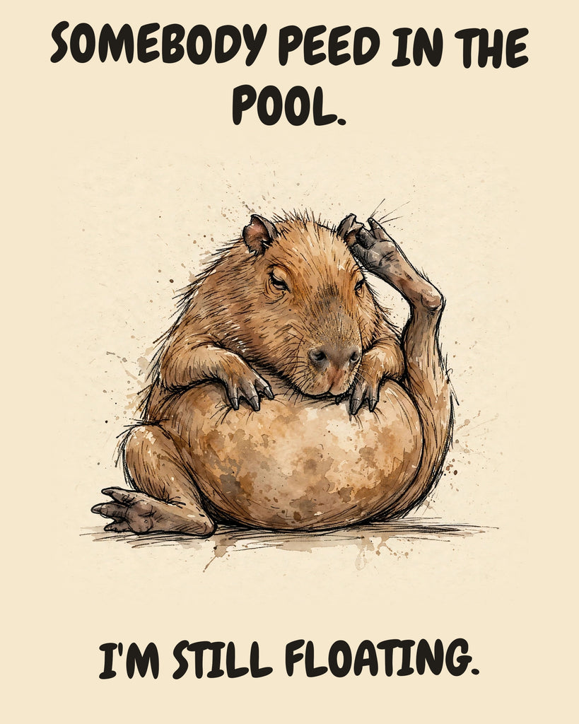 Capybara watercolor art print with the saying "SOMEBODY PEED IN THE POOL. I'M STILL FLOATING."